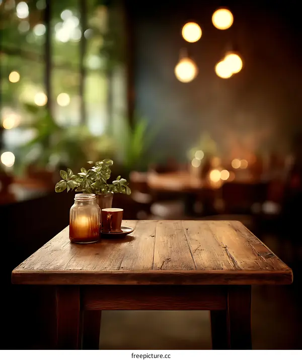 Rustic Wooden Table Top in a Cafe Setting