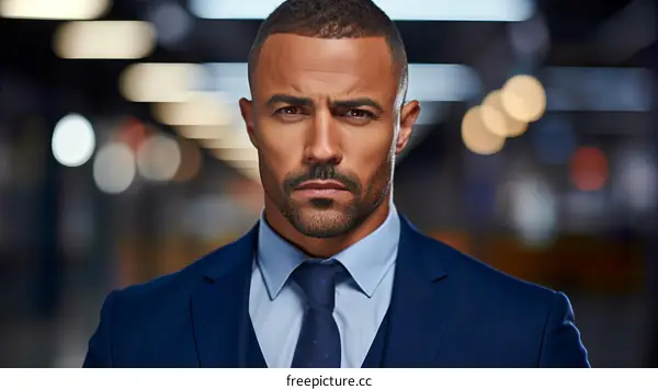 A man in a suit and tie looks at the camera with a serious expression.