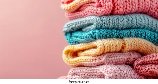 A Stack of Colorful Knitted Sweaters
