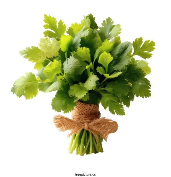 [Transparent Background PNG]Fresh Coriander Bunch Tied with Burlap Ribbon