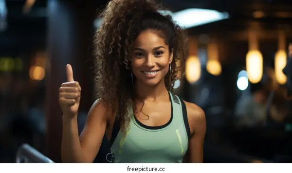 Smiling woman giving thumbs up in a fitness studio