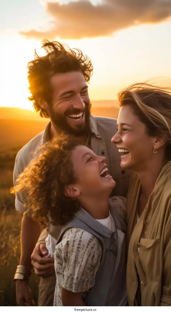 Happy family of three laughing together in the golden hour of sunset