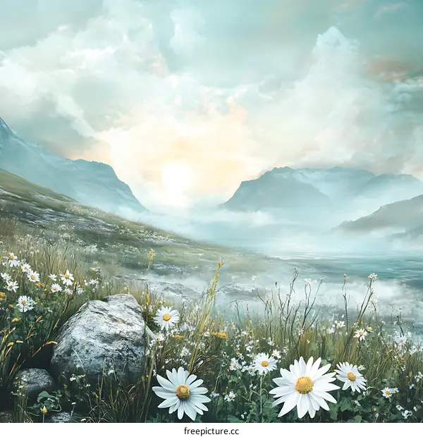 Mountain Landscape With Flowers and Mist