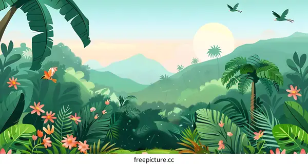 Tropical Rainforest Illustration with Birds and Palm Trees