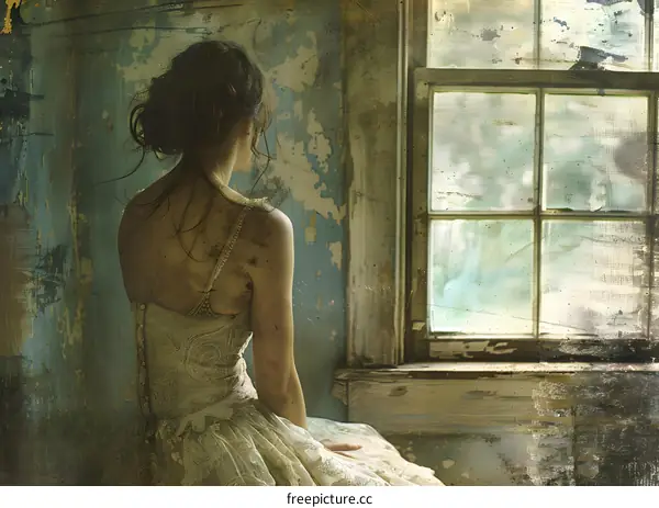 Woman in White Dress Looking Out Window