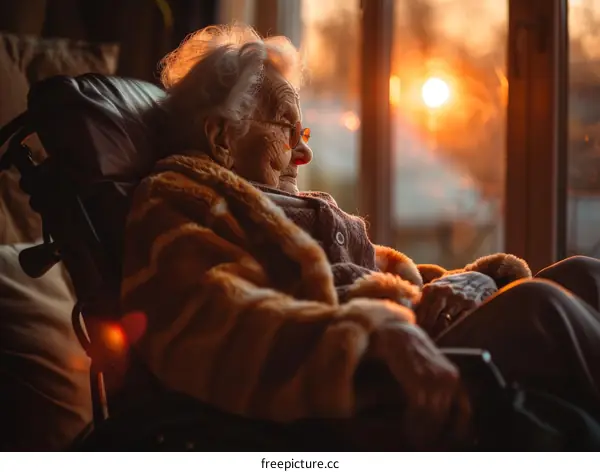 An elderly woman sits in a wheelchair and looks out the window at the sunset.
