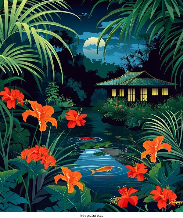 Night Tropical Scene with Pond and Cottage