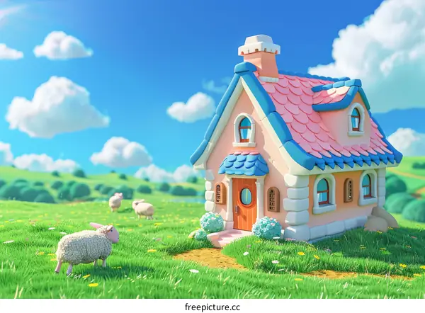 A cute cottage in the countryside with sheep grazing in the meadow
