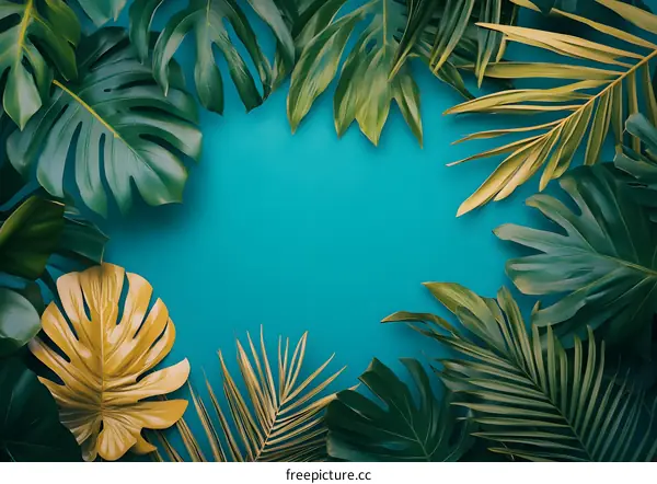 Tropical Leaf Frame on Teal Background