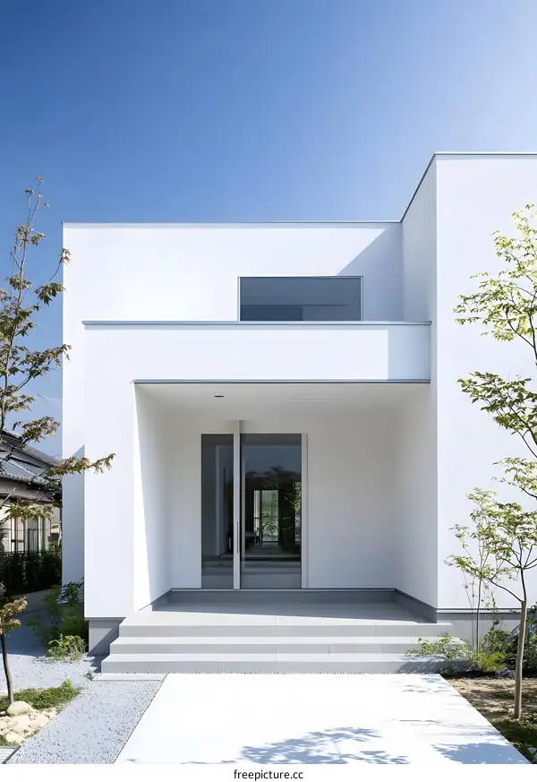 Modern Minimalist House Exterior with Glass Door and Stone Pathway