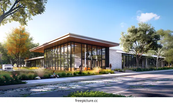 Modern Glass Facade Office Building with Green Landscape