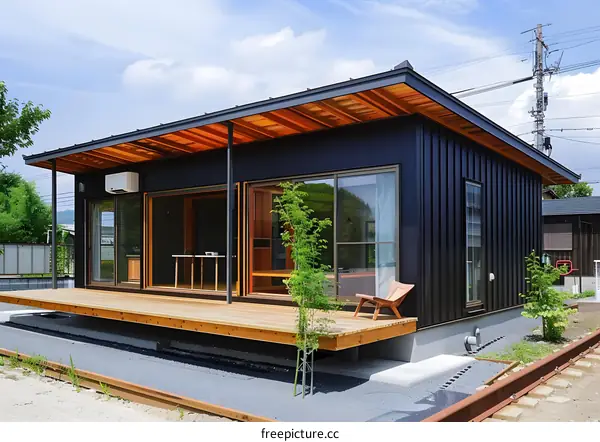 Modern Black House with Wooden Deck and Overhang