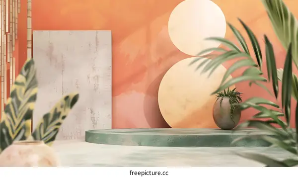 Abstract Minimalist Product Display With Green Platform And Peach Wall