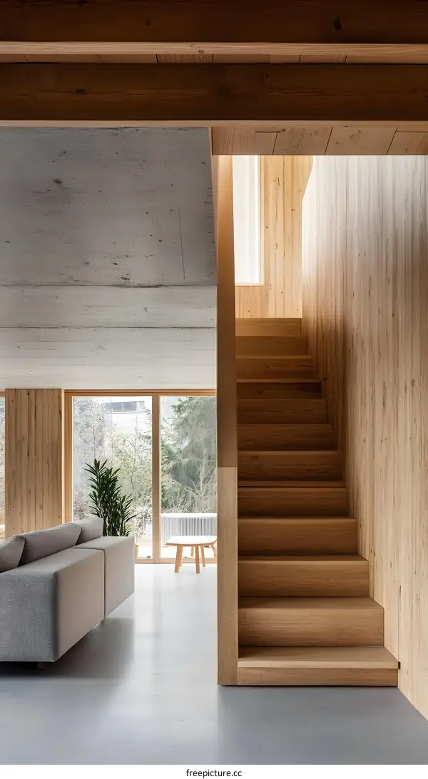 Modern Interior Design with Wooden Stairs and Concrete Ceiling
