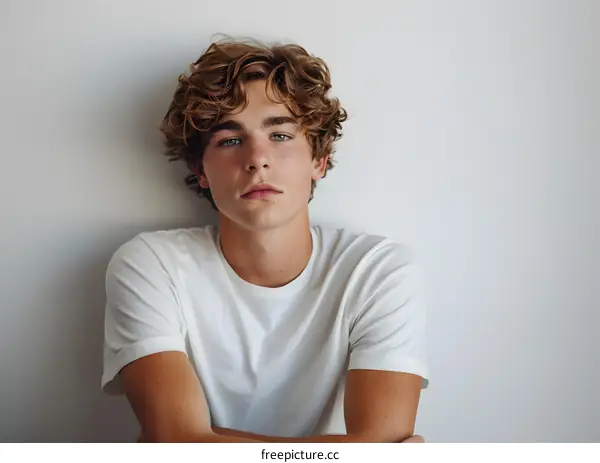 Young Man with Blonde Curly Hair Posing Against White Wall