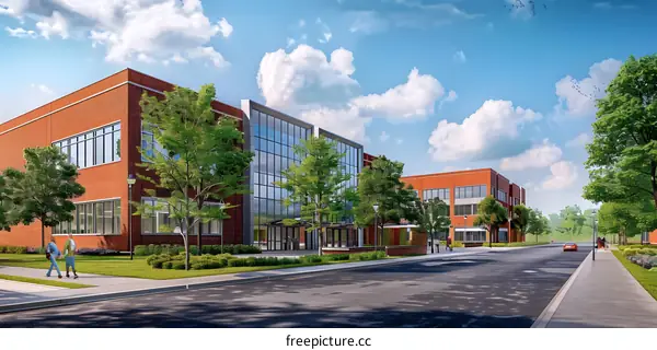 Modern office buildings in a suburban setting