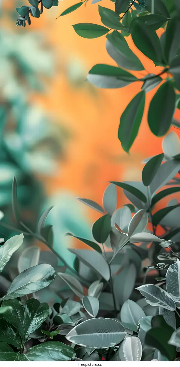 Green Leaves Background with Blurred Orange Background