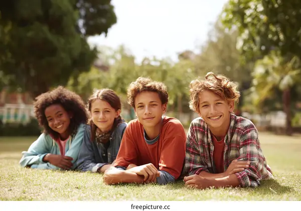 Four Children Relaxing in a Park