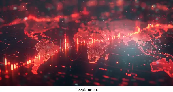Red glowing circuit board with world map in background