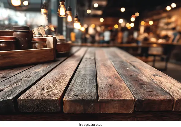 Rustic Wooden Tabletop in a Busy Cafe Setting