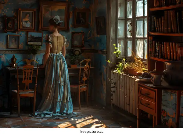 A woman in a blue dress standing in a room with vintage furniture