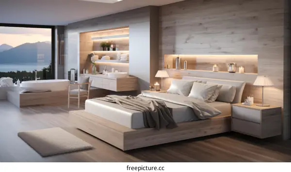 Modern Bedroom Interior with Wood Walls and Freestanding Tub