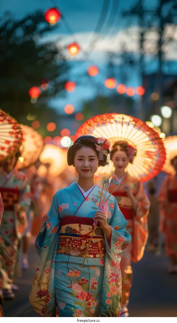 Three Japanese women wearing traditional kimono and carrying red paper lanterns