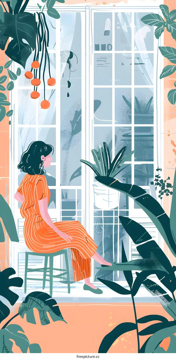 Woman Sitting by Window with Plants