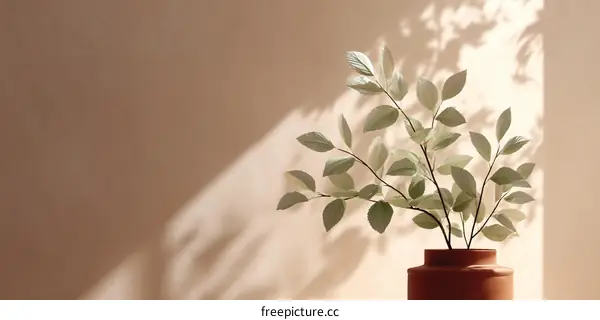 Sunlight Casting Shadows on Greenery in a Terracotta Vase