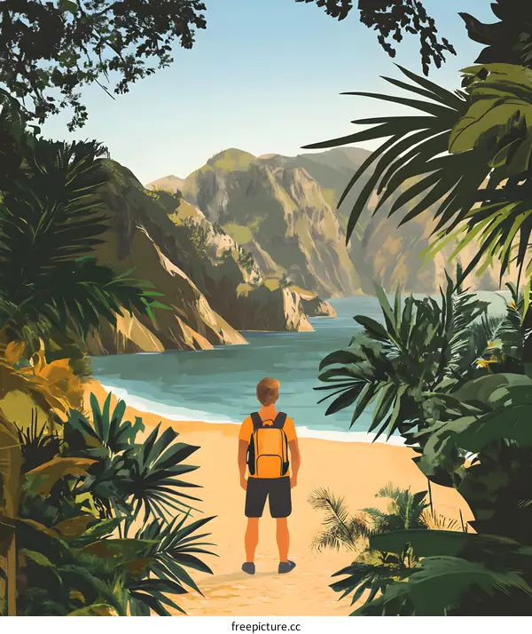 Man Standing On Beach Looking At Mountains