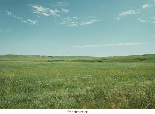 Panoramic View of a Serene Grassland under an Azure Sky