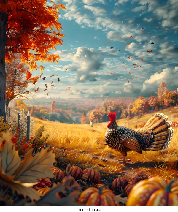 A turkey standing in a golden field, surrounded by pumpkins and red leaves