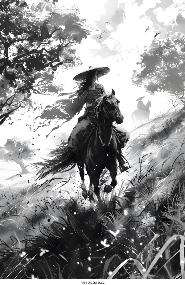 Samurai Warrior Riding Horse Through Forest