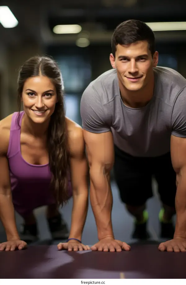 Couple doing push ups together at the gym