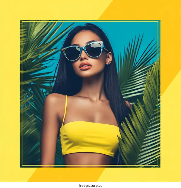 Woman in Sunglasses Posing in Tropical Leaves