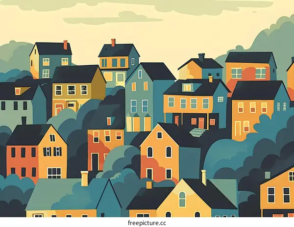 Colorful Illustration of a Small Town with Houses and Trees