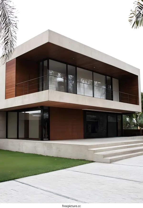 Modern Concrete House with Wooden Accents and Large Windows