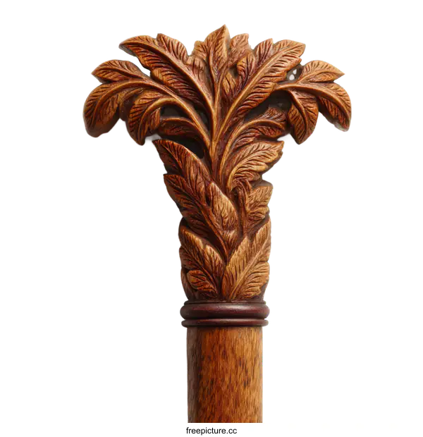 [Transparent Background PNG]Carved Wooden Walking Stick with Leaf Design