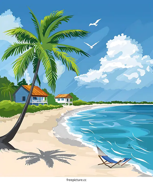 Tropical Beach with Palm Trees, Houses, and Hammock