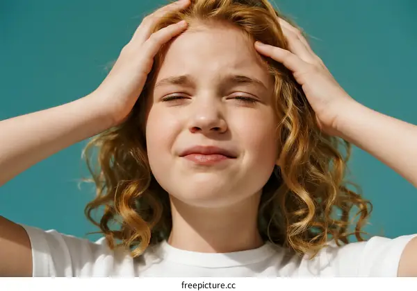 Red-haired girl with curly hair looking stressed against blue background