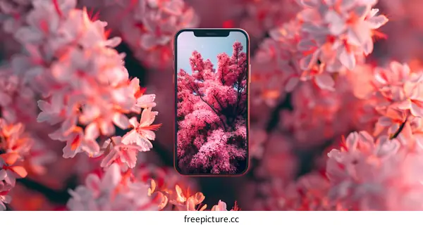 Pink Flowers Bloom In The Screen Of A Smartphone