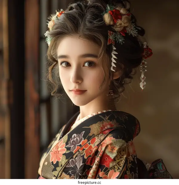 Portrait of a beautiful young woman in a kimono