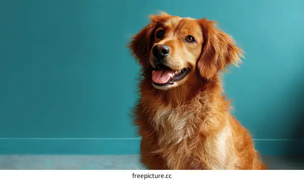Friendly Golden Retriever Portrait Against Teal Background