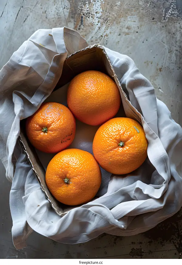 Four Oranges in a Cardboard Box Covered with Cloth