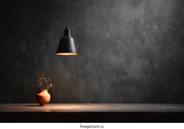 Dark Wall Interior Design Background with Hanging Lamp