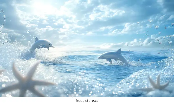 Two Dolphins Leaping Through Sparkling Azure Ocean Waves