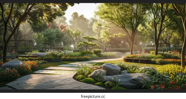 Courtyard of a Japanese Zen garden with stone lantern and maple trees