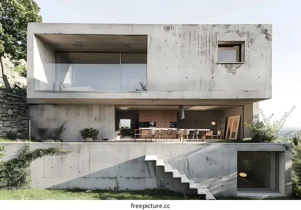Modern Concrete House with Large Windows and a Patio