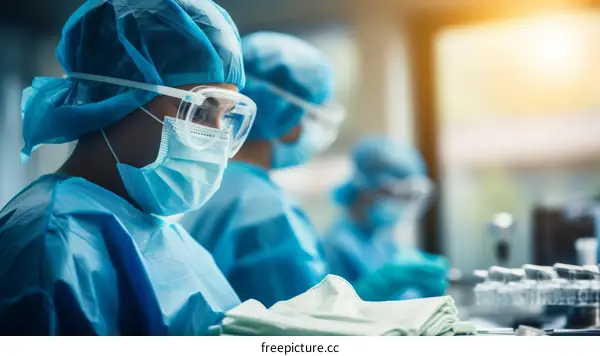 Three doctors in blue surgical gowns and face masks
