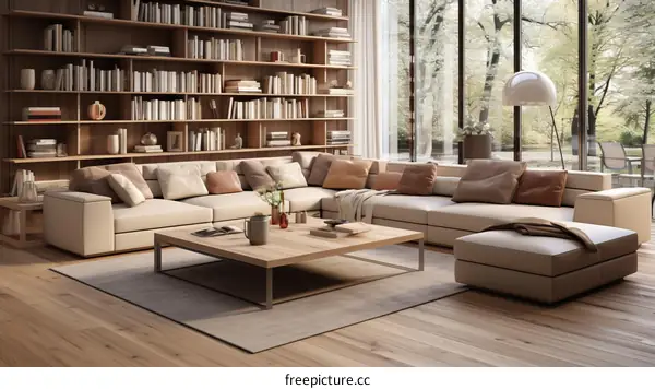 Bright living room with large windows and a comfortable sofa